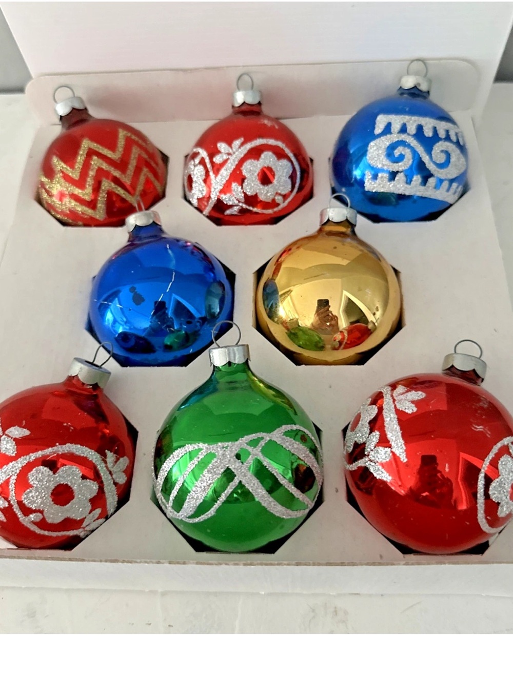 VINTAGE LOT OF 8 STENCILED Glass Ornaments Multicolor Ornaments